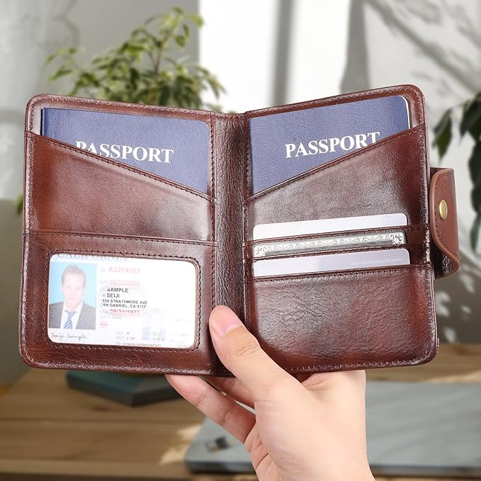 Polare Full Grain Leather Slim and Soft RFID Blocking wallet For Men Snap Bifold Travel Wallet Passport Holders 2 Passports (Coffee)