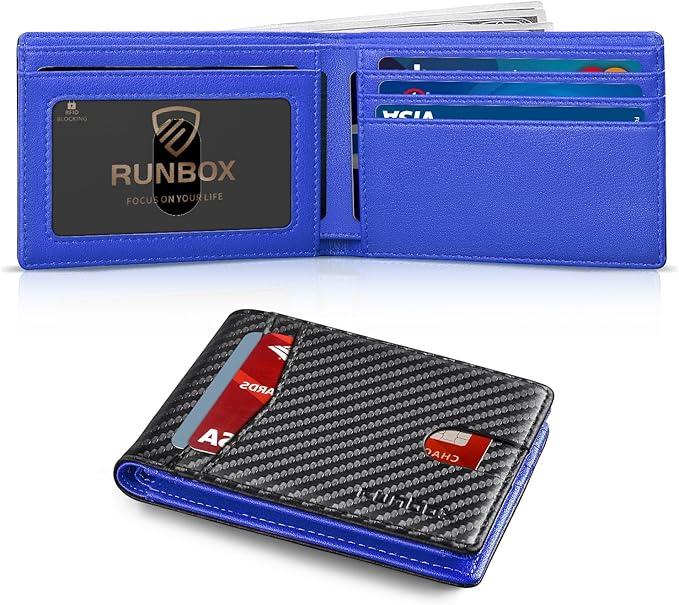 RUNBOX Wallet for Men Slim Leather Bifold RFID Blocking Minimalist Front Pocket Design with Gift Box