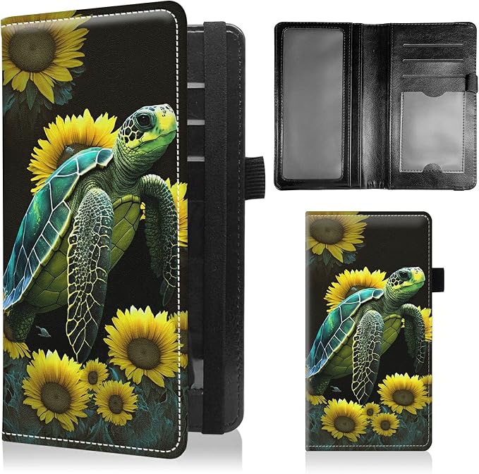 Checkbook Covers for Personal Checkbook Duplicate Checks RFID Blocking Checkbook Cover for Women Men with Elastic Strap Card Slots Pen Holder - Sunflowers Turtle