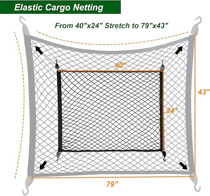 Elastic Cargo Net for SUV, Trunk Net with Hook, Car Net for Trailer, Truck Bed Netting Cover Storage,40"x 24" Stretch to 79"x43"for Universal Organizer, Luggage Cover