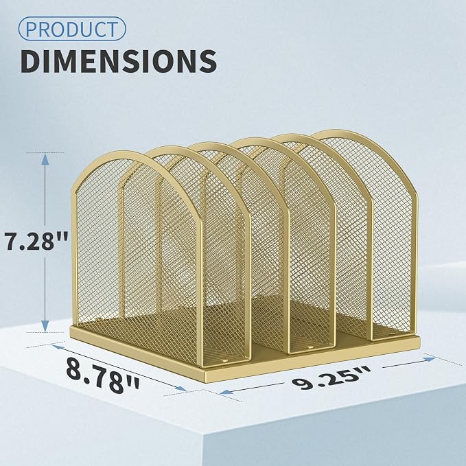 Gawerk 5-Section Vertical Desktop Organizer, 5-Section Mesh File Folder Stand Sorter for Office Home Classroom Organization (1, Gold)