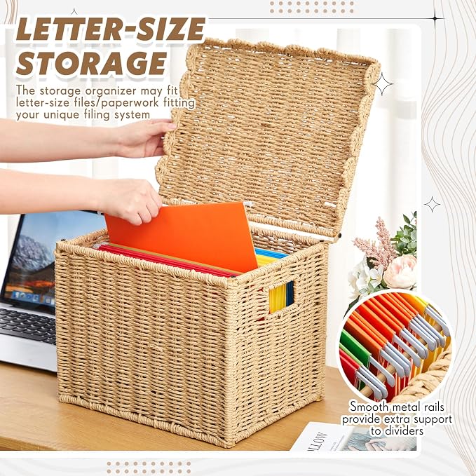Jingmore Paper Rope File Storage Box with Scalloped Lid Collapsible Letter Size Hanging Filing Organizer Basket for Office/home, Woven Decorative Document Storage School Years Memory Box