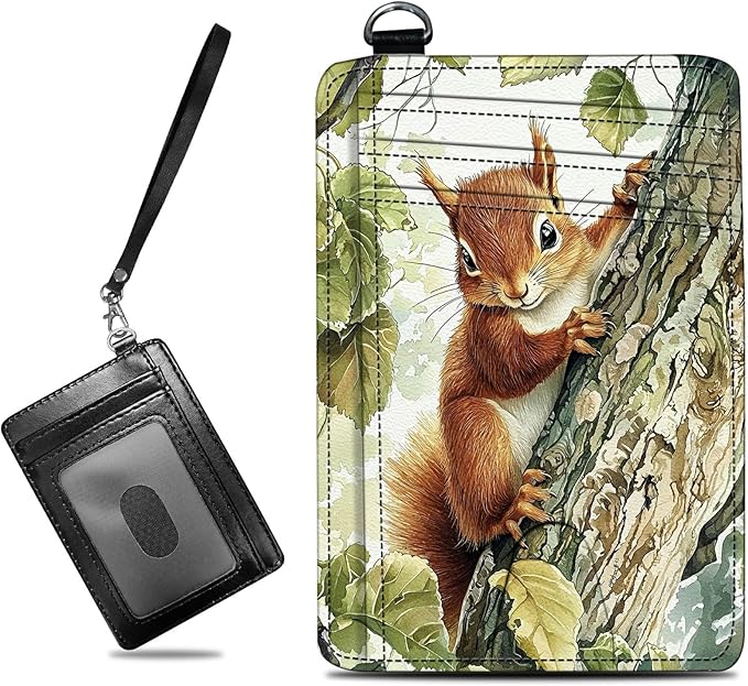Small Travel Wallets, Squirrel Slim Minimalist Front Pocket Wallet with Wristlet, RFID Blocking PU Leather Credit Card Holder with ID Window Change Purse for Men Women