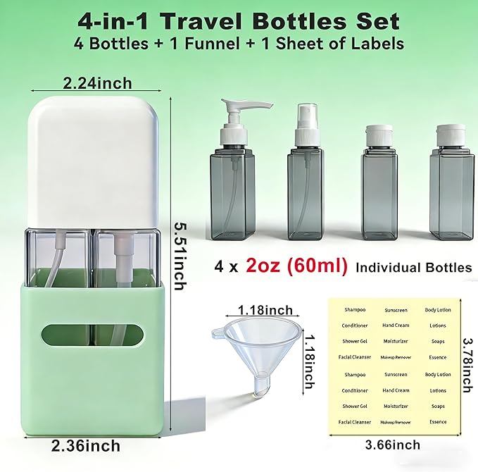 4-in-1 Square Refillable Cosmetic Container Kit, Leak Proof Portable Travel Toiletry Bottles, TSA Approved Travel bottles, Empty Jars for Cosmetics Lotion Shampoo (Light Green)
