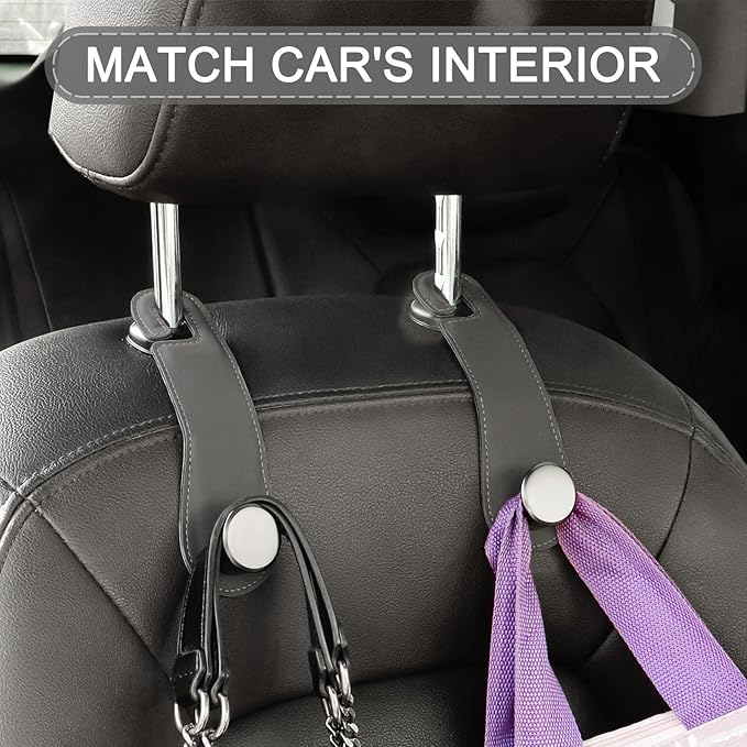 JESTOP Car Headrest Hooks, 2 Pack Leather Car Seat Storage Hanger for Purses Bags, Stylish Car Seat Organizer Hooks for Handbag Coat Umbrellas, Car Inside Accessories, Gray