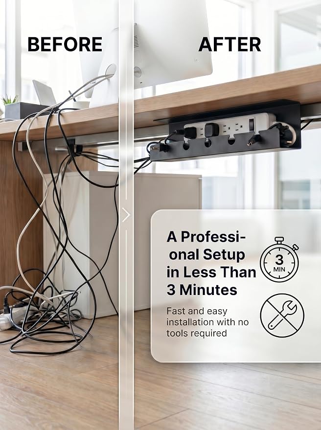 Under Desk Cable Management Tray No Drill, Cord Organizer for Desk, Wire Organizer, Cable Tray for Home Office Standing Desk, Wire Managment, Cord Hider, Set of 2 pcs (1 Black & 1 White)