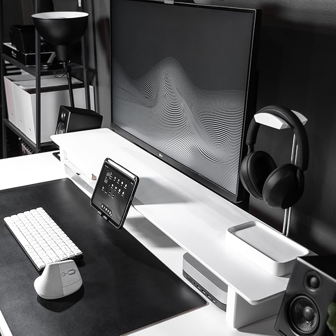 Raico Desk Cockpit Shelf Monitor Stand System Dual Screen Setup Wood Large Desk Accessory Organizer Unit (Matte White, Full Length v2 | 45.7 Inches)
