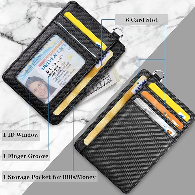 Coco Rossi Slim Front Pocket Wallet RFID ID Card Holder Cute Small Wallet with Keychian for Women,Carbon Fiber