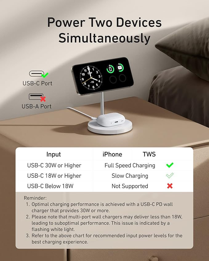 Anker MagSafe Compatible MagGo Charger Stand, iPhone 17 Wireless Charger, 2-in-1 Charging Station, Qi2 Certified 15W Fast Charging, for iPhone 17/16/15/14/13, AirPods Pro (White, with Cable)