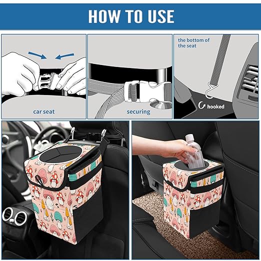 Car Trash Can Cute Mushroom Wate-rproof Auto Garbage Bag Car Trash Can with Lid Leak-Proof Car Storage Bag Hanging for Headrest Collapsible and Portable with Storage Mesh Pocket