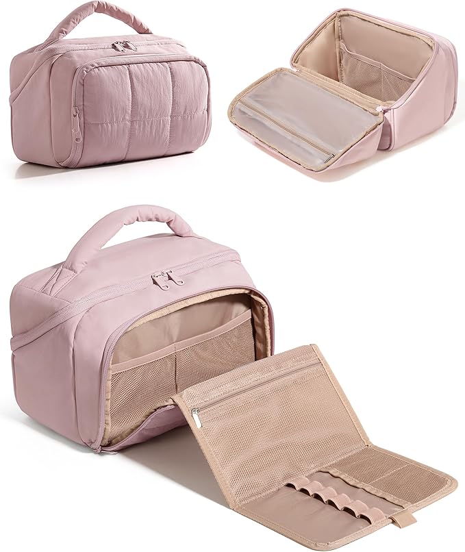 Marscamd Travel Makeup Bag for Women, Toiletry Organizer with Waterproof Pockets, Puffy Cosmetics Pouch for Makeup Brushes, Skincare & Travel Essentials, Pink (Bag only)