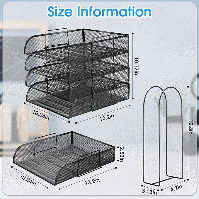 4 Tier Stackable Paper Tray Organizer for Desk, Office Desk Accessories, Paper Sorter Organizer for Letter/A4 Office File Folder Holder (Black, 16.1" x 13.2" x 10.12")