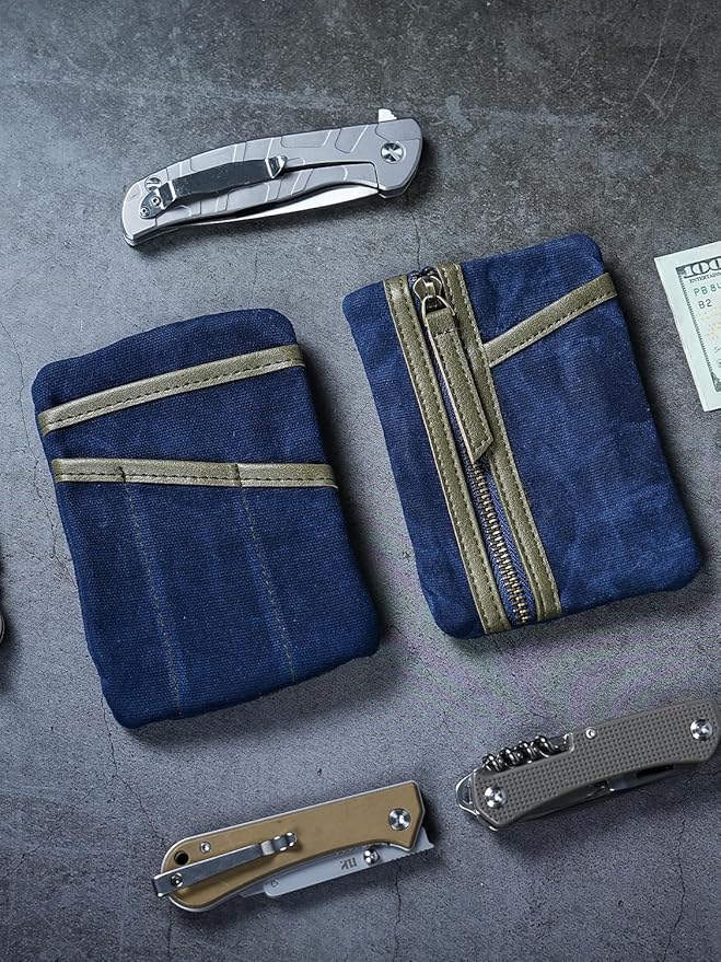Sayram SP6 EDC Pouch, Waxed Canvas Compact Pocket Organizer, EDC Pocket Pouch for Men, Zippered Pocket Pouch, Mini EDC Organizer for Everyday Carry, Multitool Organizer Pouch (Oil Wax Dark Blue)