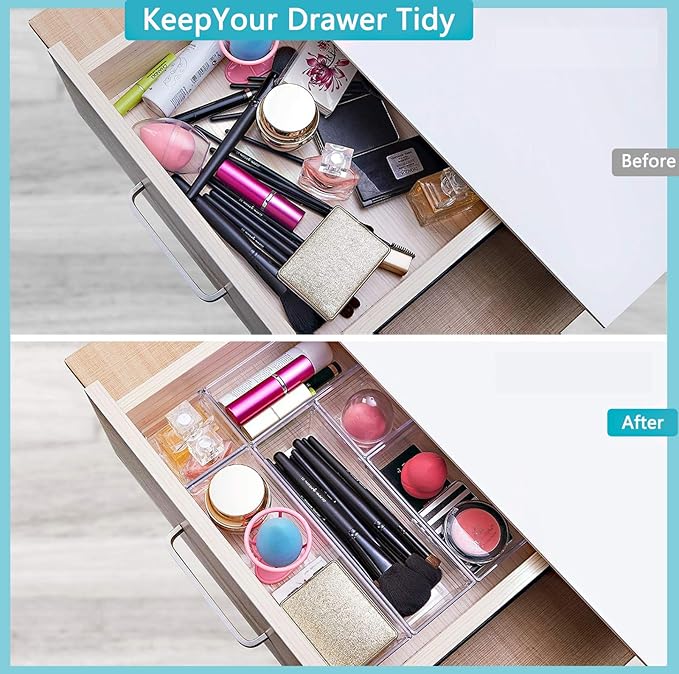 DCA 12 Pack Clear Drawer Organizer, 4 Sizes Makeup organizer, Vanity Organizer for Gadgets,Kitchen,Bathroom,Office