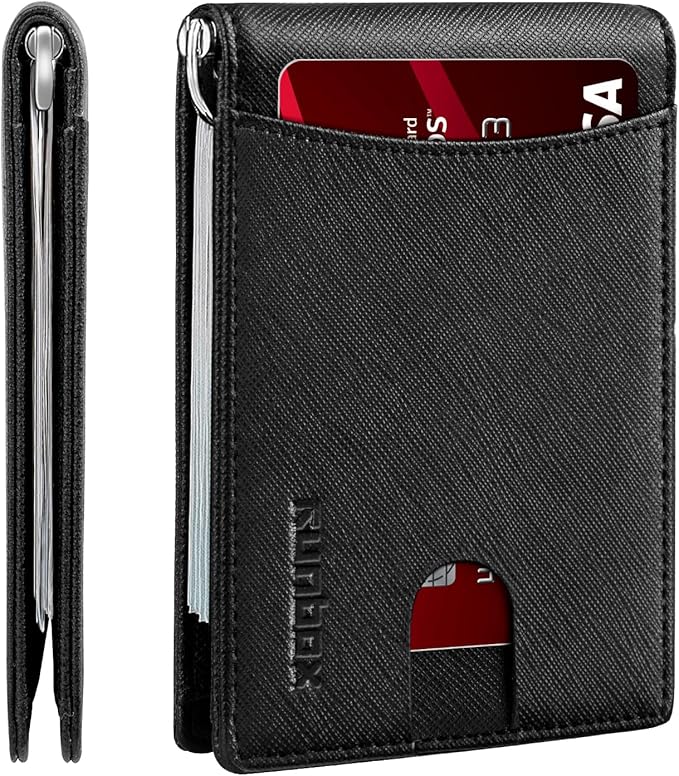 RUNBOX Slim Wallet for Men Genuine Leather RFID Blocking Bifold Minimalist Front Pocket Mens Wallet with Money Clip Thin Gift Box