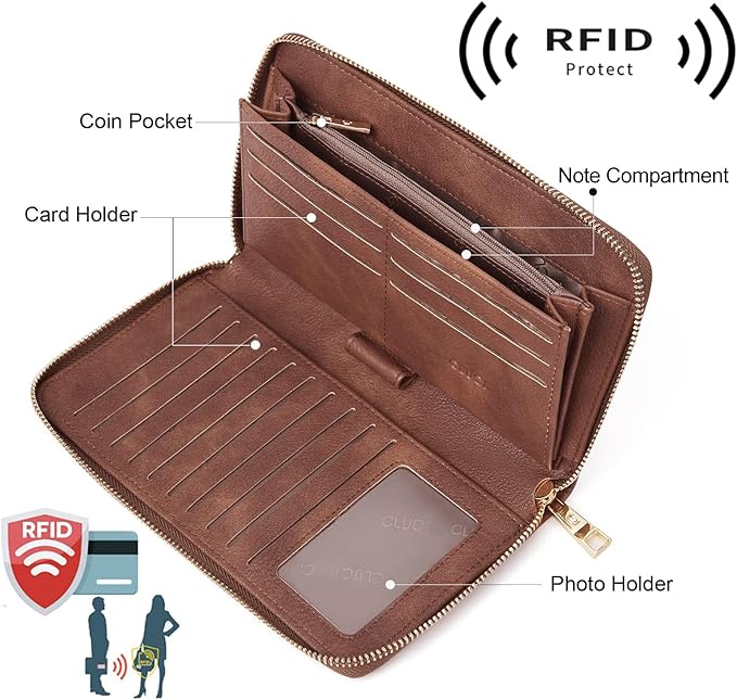 CLUCI Women Wallet Large PU Leather Wristlet Purse for Women RFID Blocking Zip Around Card Holder Ladies Travel Clutch | RFID, Bifold, Wristlet, Large
