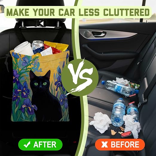 Car Garbage Bag Black Cat Purple Iris Floral Hanging Canvas Car Trash Bag Waterproof Drawstring Car Back Seat Organizer for Car Back Front Seat Console with Adjustable Buckle