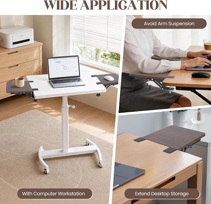 Ergonomics Foldable Desk Extender Tray with a Mouse Pad, 9"x9" Elbow Arm Rest with Clamp On Desktop Mount, 90° Foldable Armrest Support for Home and Office Use, Rustic Brown