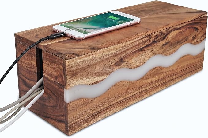 Acacia Wood & Epoxy Cable Management Box, 16X 6 X 5.5 Cable Hider Box, Cable Organizer Box Ideal for Under Desk Cable Management, Router Wires, Surge Protectors and adaptors | White