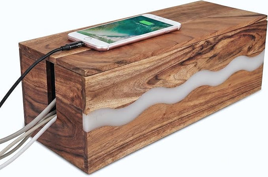 Acacia Wood & Epoxy Cable Management Box, 16X 6 X 5.5 Cable Hider Box, Cable Organizer Box Ideal for Under Desk Cable Management, Router Wires, Surge Protectors and adaptors | White