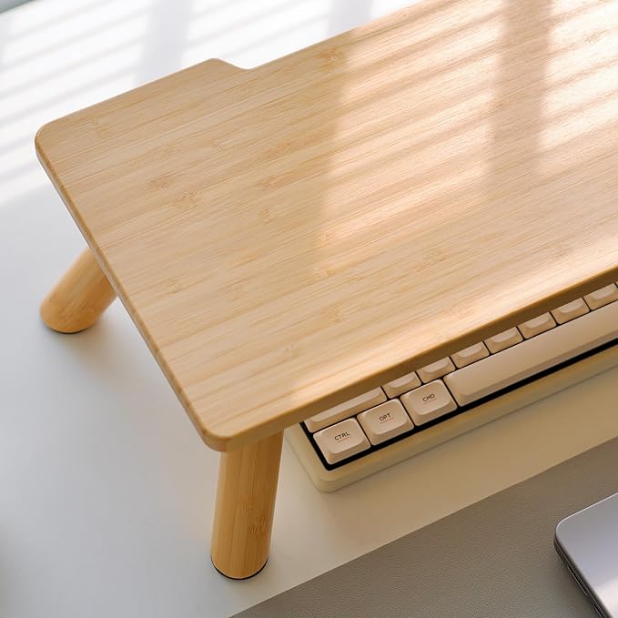 Bamboo Monitor Stand Riser with Cable Routing Slot, Ergonomic Computer Shelf for Desk, Natural Wood Desktop Organizer for Monitor Laptop Printer, Home Office Accessory