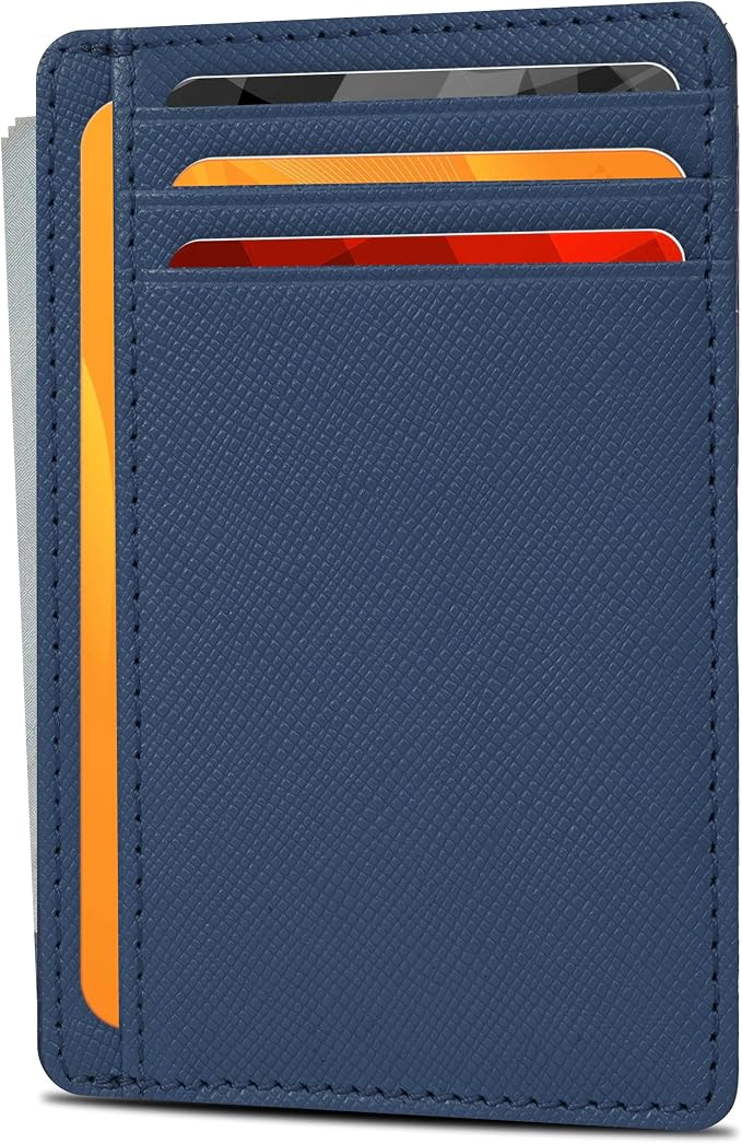 Real Leather Slim Minimalist Wallet for Men and Women -RFID Blocking Front Pocket Thin Credit Card Holder Stylish Wallets (Jeans Blue)