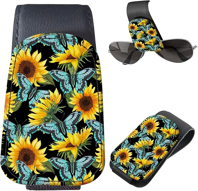 Sunglasses Holder for Car Visor, PU Leather Glasses Clip Organizer, Cute Magnetic Eyeglass Holder for Vehicle Sun Visor, Car Interior Accessory for Women & Men Sunflower Butterfly Field