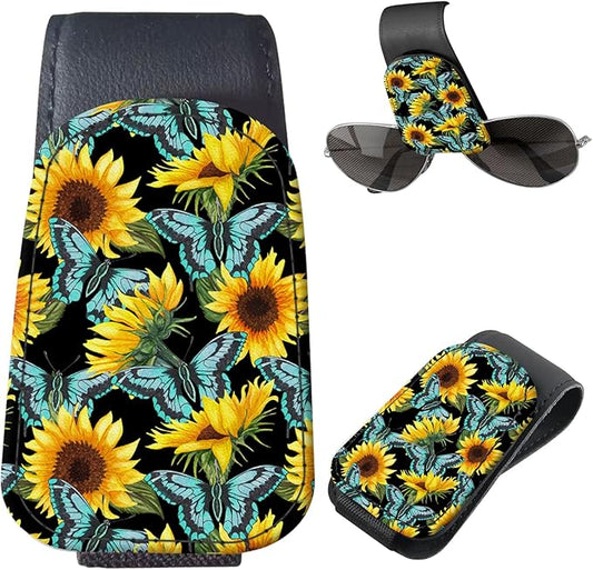 Sunglasses Holder for Car Visor, PU Leather Glasses Clip Organizer, Cute Magnetic Eyeglass Holder for Vehicle Sun Visor, Car Interior Accessory for Women & Men Sunflower Butterfly Field