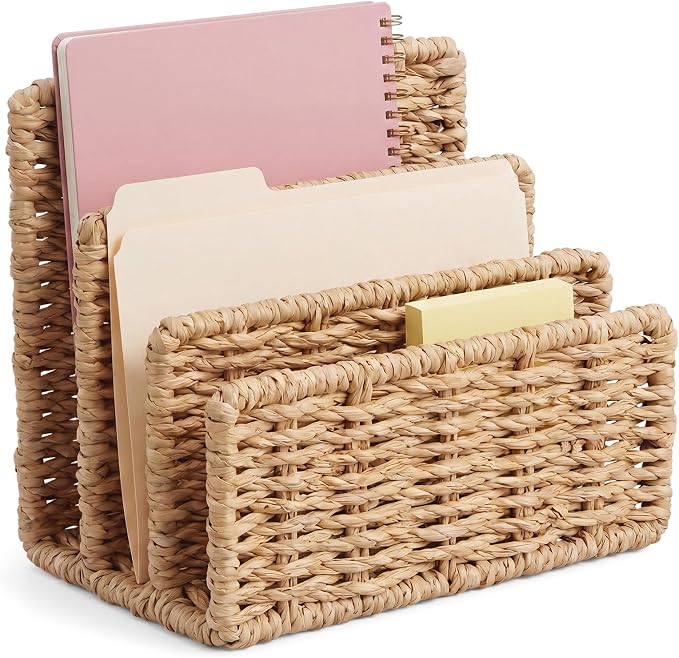 Paper Rattan Mail Organizer for Desk Mail Holder Countertop with 3 Slot Paper Rattan Letter Sorter File Holder Envelope Book Stand Farmhouse Office Desk Organizer and Storage Accessories