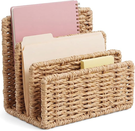 Paper Rattan Mail Organizer for Desk Mail Holder Countertop with 3 Slot Paper Rattan Letter Sorter File Holder Envelope Book Stand Farmhouse Office Desk Organizer and Storage Accessories