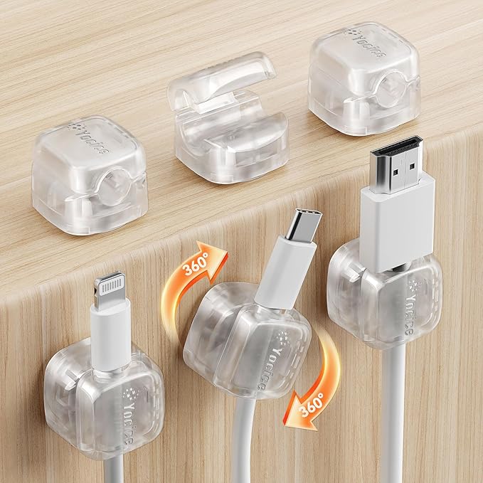 6Pack Rotatable Cord Organizer,Spring Cable Clips Desk Cable Management Cord Holder Adhesive Phone Charger Cord Clips for Home Office Car Wall Nightstand Accessories, Clear