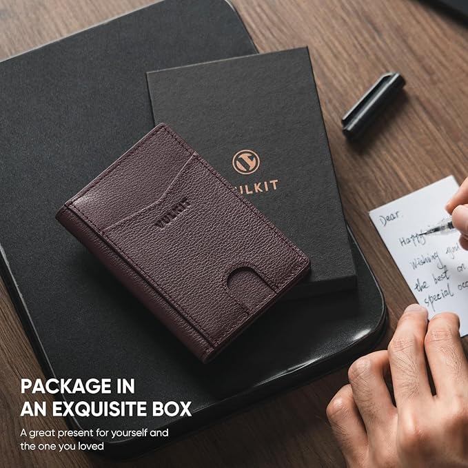 VULKIT Bifold Front Pocket Slim Wallet RFID Blocking Minimalist Thin Genuine Leather Credit Card Holder Wallet for Men and Women Litchi Espresso