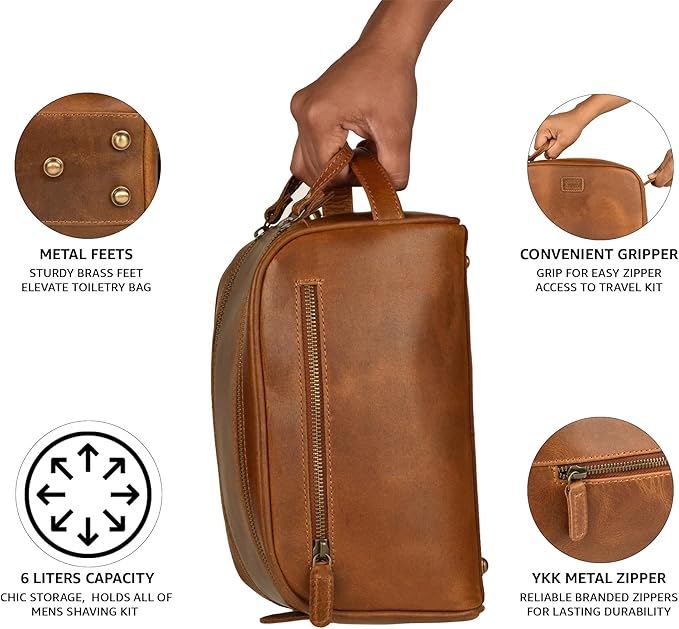LEATHER VILLAGE Genuine Leather Toiletry Travel Bag With Waterproof Lining - Sun Tan | King-Size Handcrafted Vintage Dopp Kit Bag, Shaving & Bathroom Organizer, Gift for Men & Women