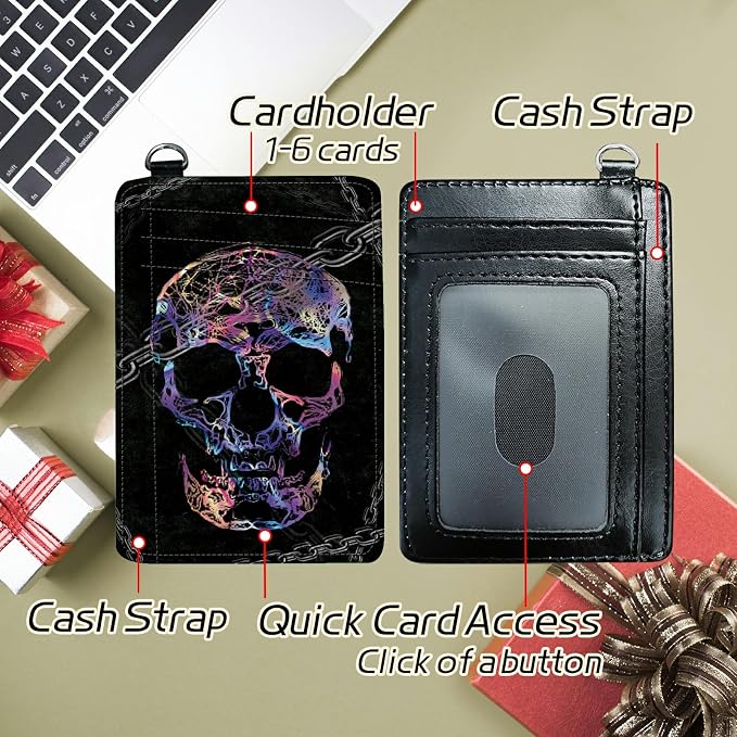 Small Travel Wallets, Shackle Skull Slim Minimalist Front Pocket Wallet with Wristlet, RFID Blocking PU Leather Credit Card Holder with ID Window Change Purse for Men Women