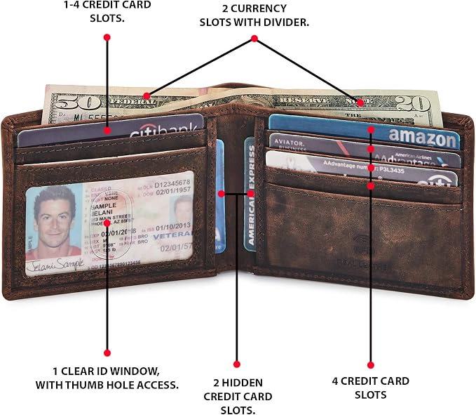 Real Leather Mens Bifold Wallet RFID Blocking Slim Minimalist Front Pocket - Thin & Stylish with ID Window in Gift Box (Crazy Horse, Cognac).