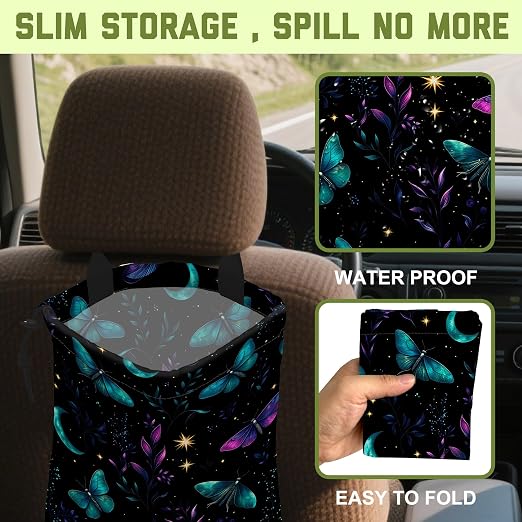 Car Garbage Bag Blue Purple Butterfly and Moon Hanging Canvas Car Trash Bag Waterproof Drawstring Car Back Seat Organizer for Car Back Front Seat Console with Adjustable Buckle