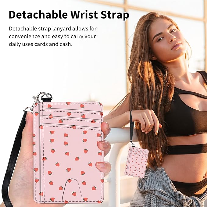 Slim Minimalist Front Pocket Wallet,Credit Card Holder Wallet for Women Men,RFID Blocking Credit Card Holder Case Leather Cute Small Thin Wallet ID Window&Wrist Strap,Cute Pink Strawberry