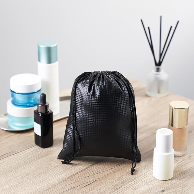 PALTERWEAR Tech-Weave PU-Coated Drawstring Bags (Set of 5) Water-Resistant, Directional-Stretch Travel Organizers for Phone, Toiletries, Tech Gear, Collections - Wipe-Clean (Black 3D, 5 x 7 Inch)