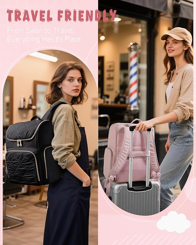 Marscamd Insulated Hairstylist Travel Bag Backpack with Detachable Dividers and Multiple Pockets, Quilted Hair Tool Travel Bag with Multiple Pockets for Hairstylist and Barber, Pink