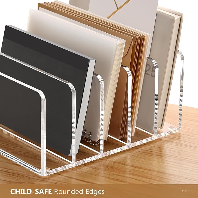 SANRUI Acrylic Mail Sorter Desktop Organizer with Pen Holder, 5 Compartments Clear Small File Script Letter Document Storage for Desk Bill Filling Envelope Holder Office, Home, School Organization