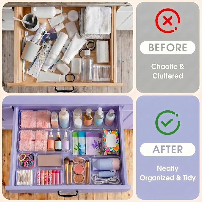 16 Pcs Extendable Clear Drawer Organizer, 2-Size Expandable Drawer Dividers, Expanding Plastic Storage Box Arcrylic Storage Bins for Vanity Makeup Drawer Dresser Kitchen Utensils DIY Desk Office