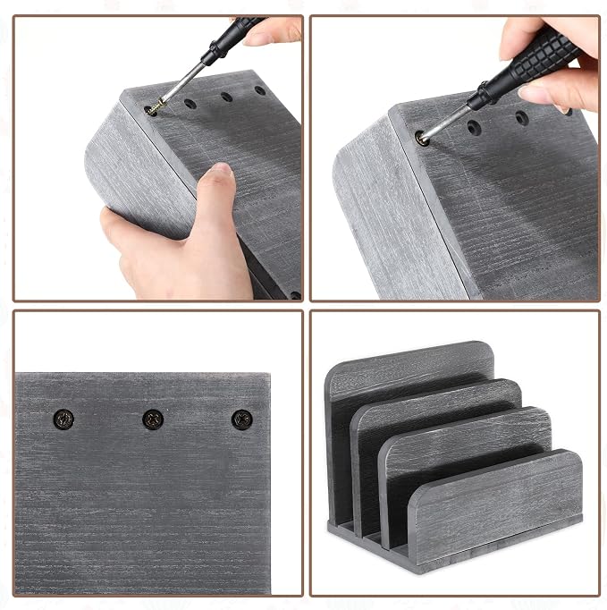 Briwooody Wooden Mail Organizer 3 Slots Mail Holder for Desk Wood File Paper Letter Holder for Letter Envelope Filing Cell Phone Document Storage, Organizer Tray for Office and Home(Grey)