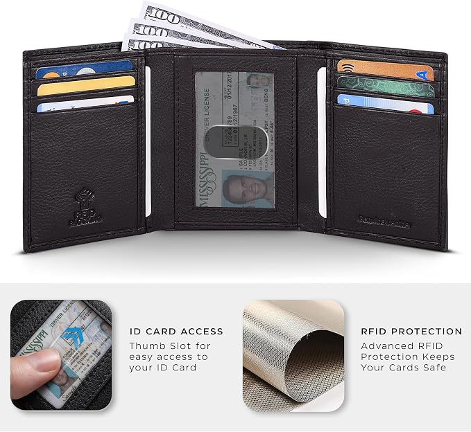 Tri fold Leather Wallet for Men with RFID | Slim Wallets for Men with 1 ID and 6 Credit card slots | Front Pocket Minimalist