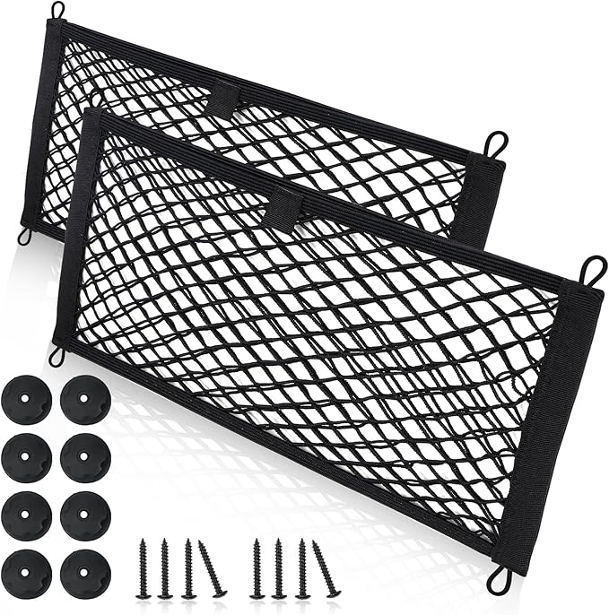 Small Cargo Net for Car Trunk Storage,2 Pack Elastic Mesh Net Pocket Organizer Pouch Bag,Stretchable Automotive Cargo Nets with 8 Pieces Mounting Screws and Hooks for RV,SUV,Boats,Home