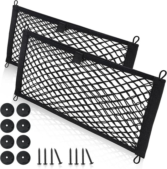 Small Cargo Net for Car Trunk Storage,2 Pack Elastic Mesh Net Pocket Organizer Pouch Bag,Stretchable Automotive Cargo Nets with 8 Pieces Mounting Screws and Hooks for RV,SUV,Boats,Home