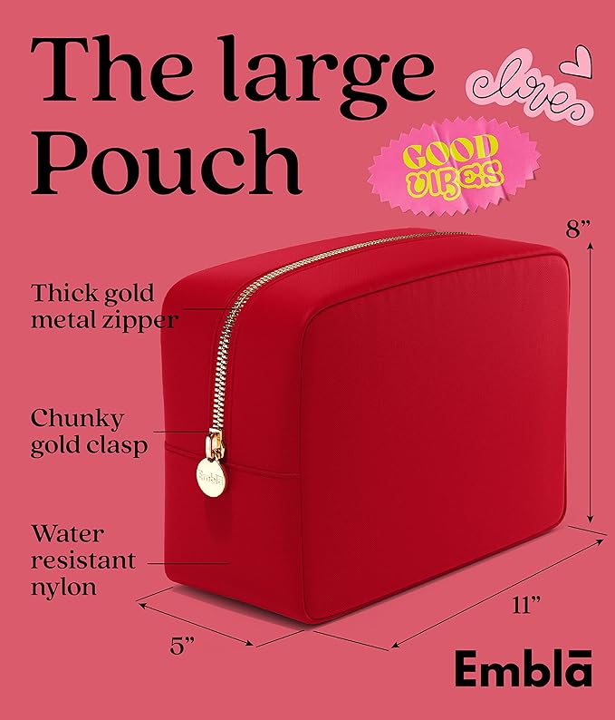 Embla Large Makeup Bag and Waterproof Nylon Travel Toiletry Bag, Large Capacity Cosmetic Zipper Pouch, Red