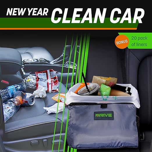 Drive Auto Car Trash Can - Leakproof, Hanging Garbage Bin with 20 Trash Bags and Black Adjustable Strap - Truck & Car Accessories for Men and Women - Grey with No Lid