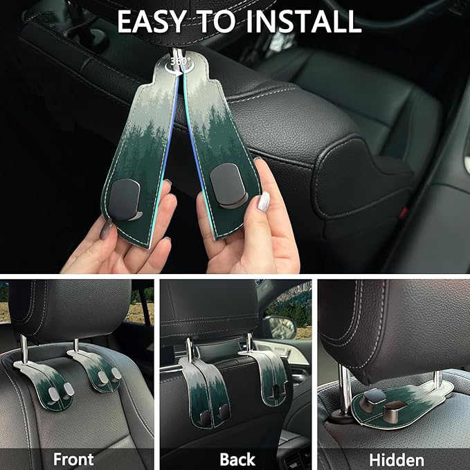 Blusabaca 2PCS Car Seat Back Storage Headrest Hooks, Forest Trees Purse Holder Bags Hanger, PU Leather Double Metal Hook for Backseat Organizer, Women Car Accessories Organization