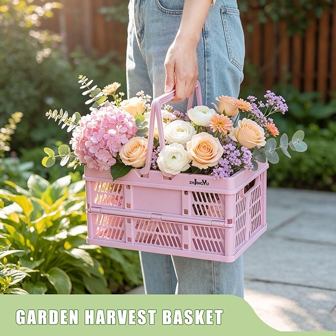 Pink Plastic Baskets with handles,2-pack Collapsible crates for storage,14.96"x9.84"x7.87" foldable shopping basket ,foldable crate with Handles for car Classroom Kitchen Bathroom Medicine Milk