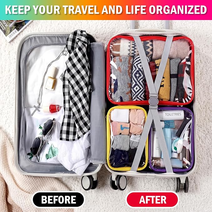6 Pcs Clear Packing Travel Cubes Set Reusable See Through Premium PVC Plastic Organizer Bag with Handle for Summer Camp Travel Luggage Storage Organizer Multipurpose Pouch Toiletry Bag(Rainbow)